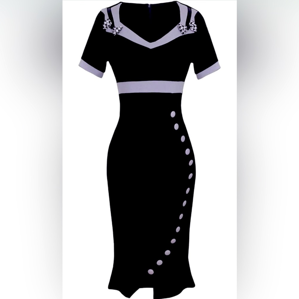 Women’s High Waist Black Grey Dress Elegant Career Business Sailor Short Sleeve